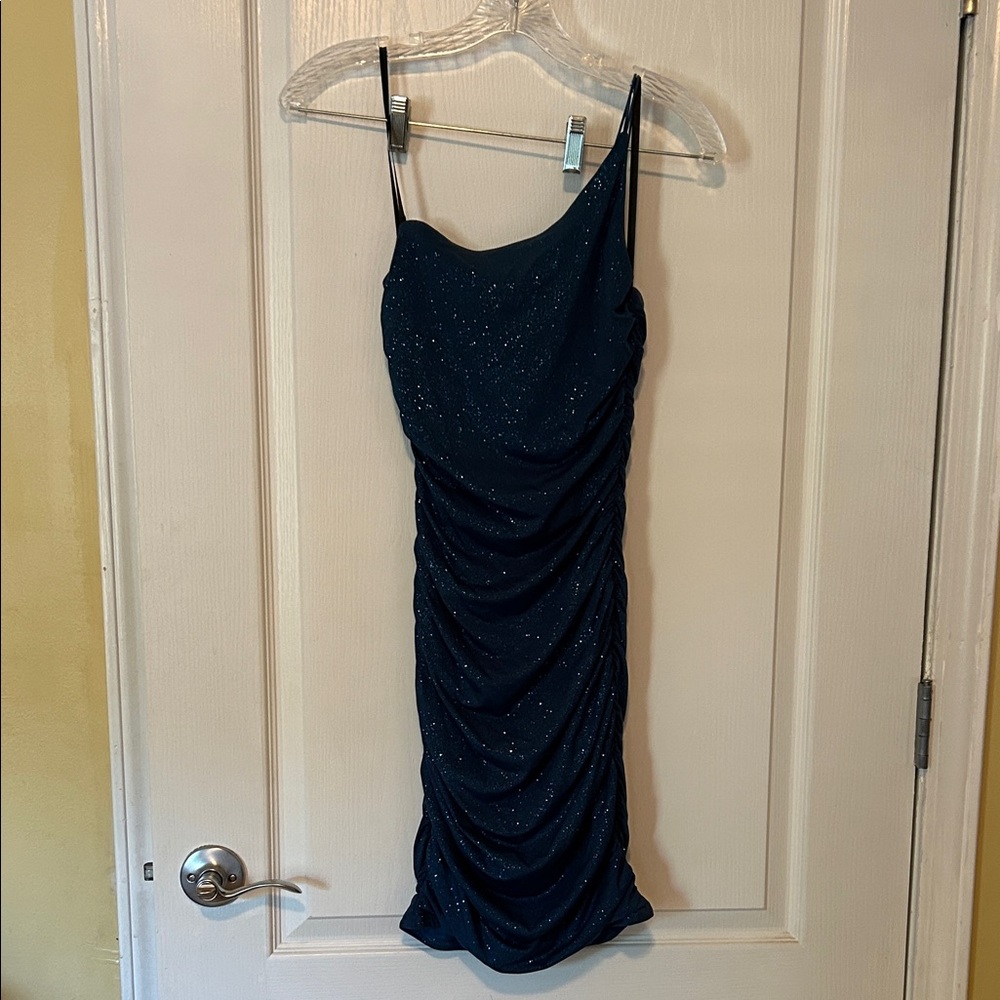 B Darlin One Shoulder Sparkle Dress in Midnight Blue
